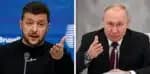 (COMBO) This combination of file pictures created on February 13, 2023 shows Ukraininan President Volodymyr Zelensky giving a press conference as part of a EU summit in Brussels, on February 9, 2023 and Russian President Vladimir Putin chairing a meeting with secretaries of foreign security councils at the Kremlin in Moscow on February 8, 2023. (Photo by Ludovic MARIN and Grigory SYSOYEV / various sources / AFP)