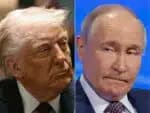 (COMBO) This combination of pictures created on March 30, 2025 shows US President Donald Trump at the White House on March 24, 2025, in Washington, DC and Russian President Vladimir Putin in Moscow on March 18, 2025. Trump on March 30, 2025, said he was "very angry, pissed off" with Putin for questioning Ukraine's leadership, NBC News reported. In a sharp change of tone to his normal stance towards Moscow, Trump told an NBC reporter that he was angered when Putin started getting into Ukrainian President Volodymyr Zelensky's credibility. Trump threatened "secondary tariffs" on Russian oil and said he planned to speak to Putin in the coming week. (Photo by Brendan SMIALOWSKI and Maxim Shemetov / AFP)