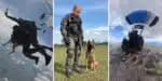 Cachorro da Polícia Militar de São Paulo realiza salto de paraquedas em treinamento