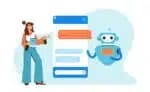 Chatbot technology. Flat woman chatting and communicating with artificial intelligence. Smartphone interface with chat bot dialog message icons at screen. AI robot assistant, online customer support.